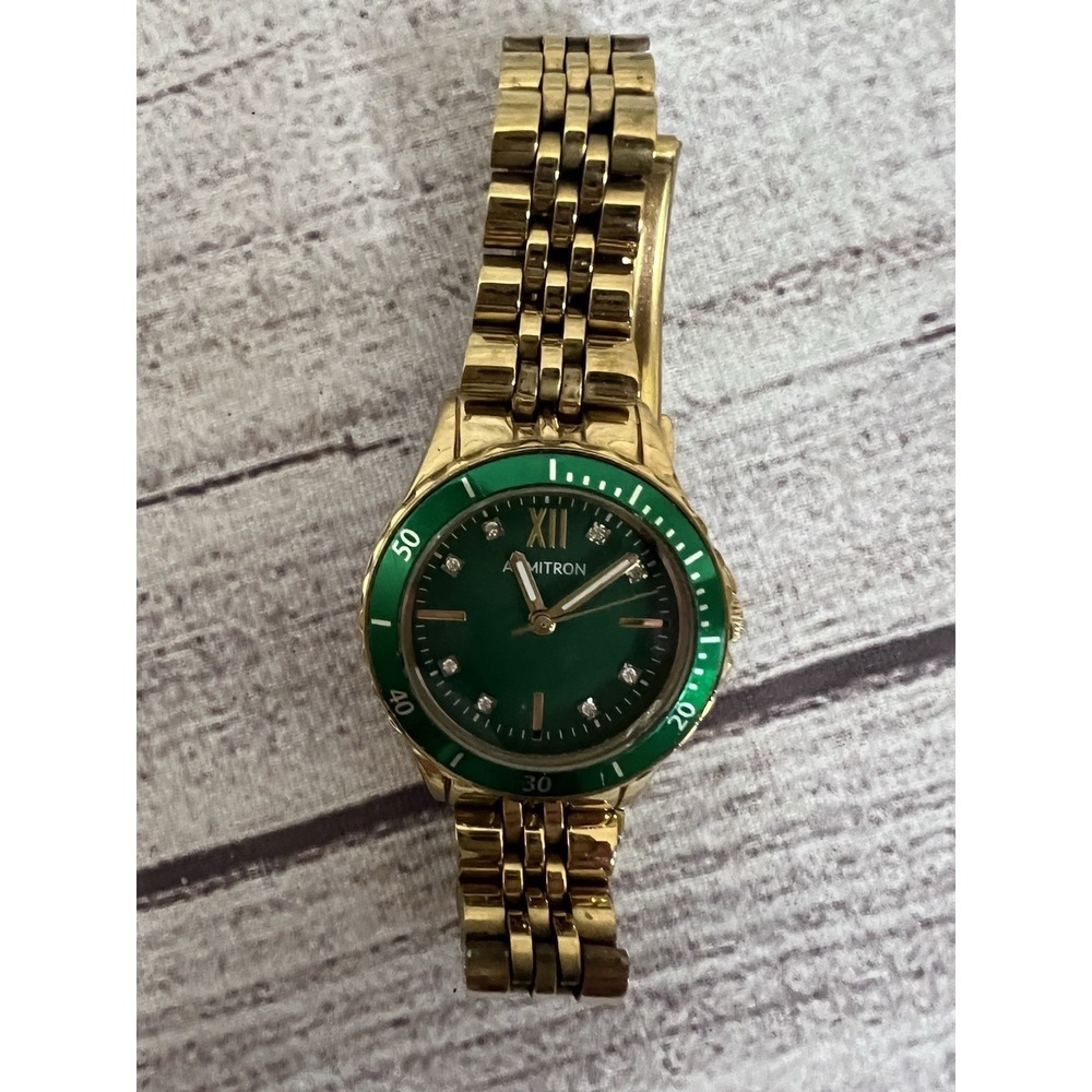 Armitron Ladies Gold Tone Green Dial Diver Style Wrist Watch Quartz Need Battery - Picture 2 of 4